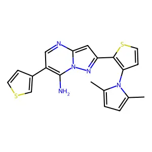 2-[3-(2,5-dimethyl-1H-pyrrol-1-yl)-2-thienyl]-6-(3-thienyl)pyrazolo[1,5-a]pyrimidin-7-amine structure