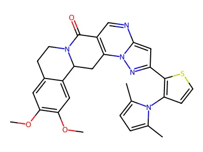 2-[3-(2,5-dimethyl-1H-pyrrol-1-yl)-2-thienyl]-11,12-dimethoxy-8,9,13b,14-tetrahydro-6H-pyrazolo[5'',1'':2',3']pyrimido[4',5':4,5]pyrido[2,1-a]isoquinolin-6-one structure