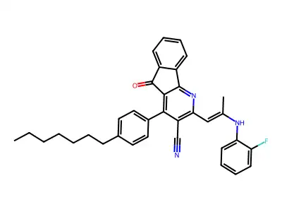 2-[(E)-2-(2-fluoroanilino)-1-propenyl]-4-(4-heptylphenyl)-5-oxo-5H-indeno[1,2-b]pyridine-3-carbonitrile structure