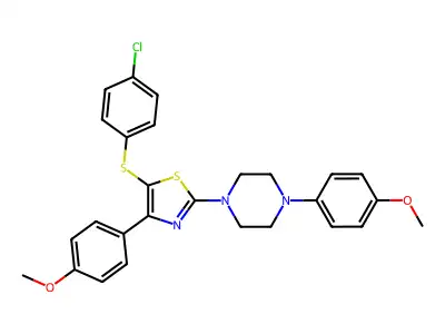 1-[5-[(4-chlorophenyl)sulfanyl]-4-(4-methoxyphenyl)-1,3-thiazol-2-yl]-4-(4-methoxyphenyl)piperazine structure