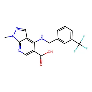 1-methyl-4-{[3-(trifluoromethyl)benzyl]amino}-1H-pyrazolo[3,4-b]pyridine-5-carboxylic acid structure