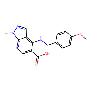 4-[(4-methoxybenzyl)amino]-1-methyl-1H-pyrazolo[3,4-b]pyridine-5-carboxylic acid structure