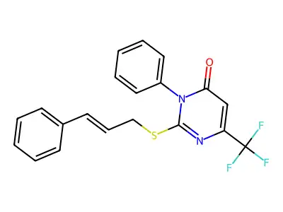 3-Phenyl-2-(3-phenylprop-2-enylsulfanyl)-6-(trifluoromethyl)pyrimidin-4-one structure