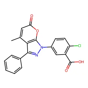 2-chloro-5-(4-methyl-6-oxo-3-phenylpyrano[2,3-c]pyrazol-1(6H)-yl)benzoic acid structure