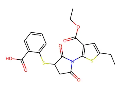 2-({1-[3-(ethoxycarbonyl)-5-ethyl-2-thienyl]-2,5-dioxo-3-pyrrolidinyl}thio)benzoic acid structure