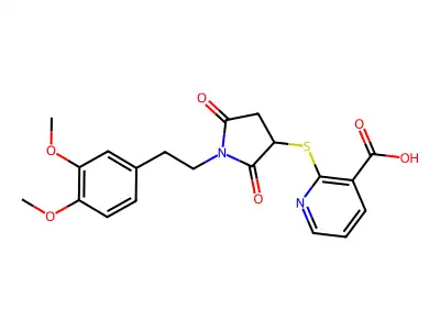 2-((1-(3,4-Dimethoxyphenethyl)-2,5-dioxopyrrolidin-3-yl)thio)nicotinic acid structure