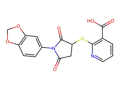 2-((1-(Benzo[d][1,3]dioxol-5-yl)-2,5-dioxopyrrolidin-3-yl)thio)nicotinic acid structure
