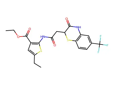 ethyl 5-ethyl-2-({[3-oxo-6-(trifluoromethyl)-3,4-dihydro-2H-1,4-benzothiazin-2-yl]acetyl}amino)-3-thiophenecarboxylate structure