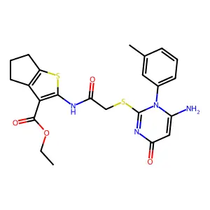 ethyl 2-(2-((6-amino-4-oxo-1-(m-tolyl)-1,4-dihydropyrimidin-2-yl)thio)acetamido)-5,6-dihydro-4H-cyclopenta[b]thiophene-3-carboxylate structure