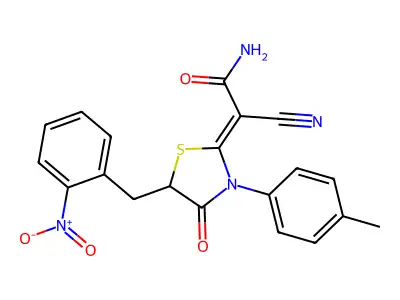2-cyano-2-[3-(4-methylphenyl)-5-[(2-nitrophenyl)methyl]-4-oxo-1,3-thiazolidin-2-ylidene]acetamide structure
