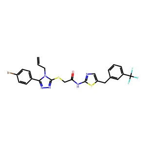 2-[[5-(4-bromophenyl)-4-prop-2-enyl-1,2,4-triazol-3-yl]sulfanyl]-N-[5-[[3-(trifluoromethyl)phenyl]methyl]-1,3-thiazol-2-yl]acetamide structure