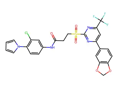 3-((4-(Benzo[d][1,3]dioxol-5-yl)-6-(trifluoromethyl)pyrimidin-2-yl)sulfonyl)-N-(3-chloro-4-(1H-pyrrol-1-yl)phenyl)propanamide structure