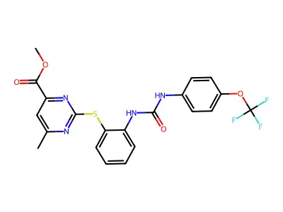 Methyl 6-methyl-2-((2-(3-(4-(trifluoromethoxy)phenyl)ureido)phenyl)thio)pyrimidine-4-carboxylate structure