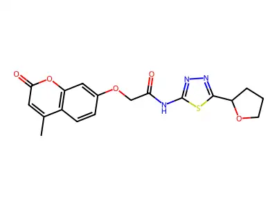 2-(4-methyl-2-oxochromen-7-yl)oxy-N-[5-(oxolan-2-yl)-1,3,4-thiadiazol-2-yl]acetamide structure
