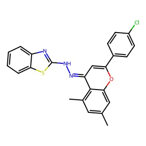 N-[[2-(4-chlorophenyl)-5,7-dimethylchromen-4-ylidene]amino]-1,3-benzothiazol-2-amine structure