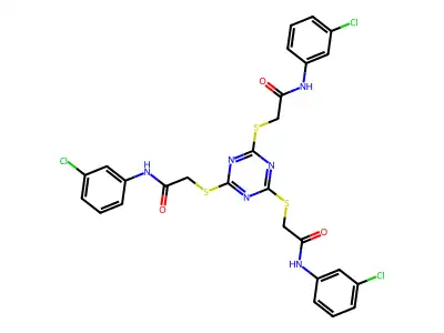 2,2',2''-[1,3,5-Triazine-2,4,6-triyltris(sulfanediyl)]tris[N-(3-chlorophenyl)acetamide] structure