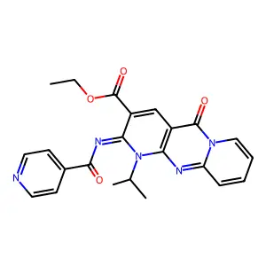 ethyl (2E)-2-(isonicotinoylimino)-1-isopropyl-5-oxo-1,5-dihydro-2H-dipyrido[1,2-a:2',3'-d]pyrimidine-3-carboxylate structure