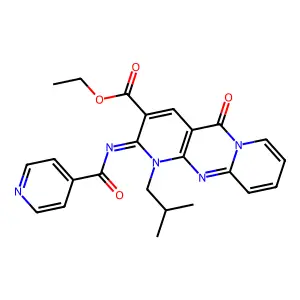 (E)-ethyl 1-isobutyl-2-(isonicotinoylimino)-5-oxo-2,5-dihydro-1H-dipyrido[1,2-a:2',3'-d]pyrimidine-3-carboxylate structure