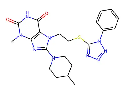 3-methyl-8-(4-methylpiperidin-1-yl)-7-(2-((1-phenyl-1H-tetrazol-5-yl)thio)ethyl)-1H-purine-2,6(3H,7H)-dione structure