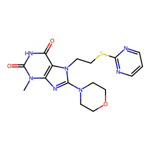 3-methyl-8-morpholino-7-(2-(pyrimidin-2-ylthio)ethyl)-1H-purine-2,6(3H,7H)-dione structure