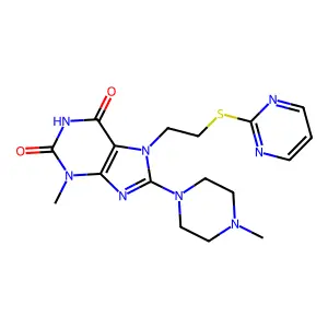 3-methyl-8-(4-methylpiperazin-1-yl)-7-(2-(pyrimidin-2-ylthio)ethyl)-1H-purine-2,6(3H,7H)-dione structure