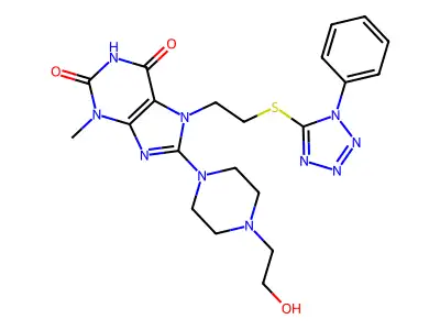 8-(4-(2-hydroxyethyl)piperazin-1-yl)-3-methyl-7-(2-((1-phenyl-1H-tetrazol-5-yl)thio)ethyl)-1H-purine-2,6(3H,7H)-dione structure