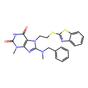 7-(2-(benzo[d]thiazol-2-ylthio)ethyl)-8-(benzyl(methyl)amino)-3-methyl-1H-purine-2,6(3H,7H)-dione structure