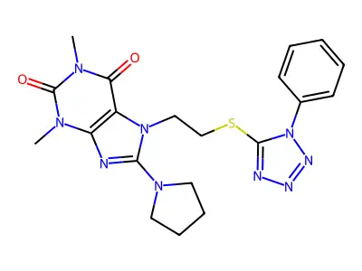 1,3-dimethyl-7-(2-((1-phenyl-1H-tetrazol-5-yl)thio)ethyl)-8-(pyrrolidin-1-yl)-1H-purine-2,6(3H,7H)-dione structure