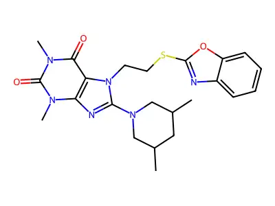 7-(2-(benzo[d]oxazol-2-ylthio)ethyl)-8-(3,5-dimethylpiperidin-1-yl)-1,3-dimethyl-1H-purine-2,6(3H,7H)-dione structure