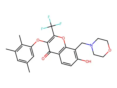 7-hydroxy-8-(morpholin-4-ylmethyl)-2-(trifluoromethyl)-3-(2,3,5-trimethylphenoxy)chromen-4-one structure