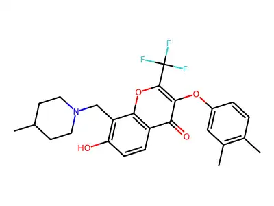 3-(3,4-dimethylphenoxy)-7-hydroxy-8-[(4-methylpiperidin-1-yl)methyl]-2-(trifluoromethyl)chromen-4-one structure