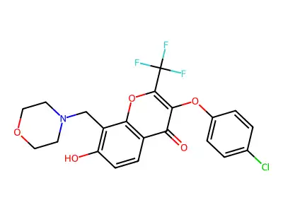 3-(4-chlorophenoxy)-7-hydroxy-8-(morpholin-4-ylmethyl)-2-(trifluoromethyl)chromen-4-one structure