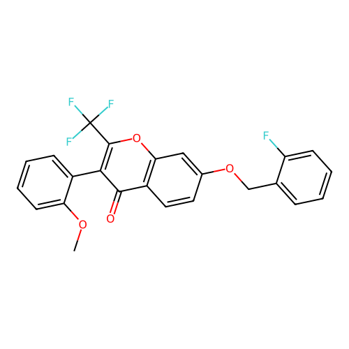 7-((2-fluorobenzyl)oxy)-3-(2-methoxyphenyl)-2-(trifluoromethyl)-4H-chromen-4-one structure
