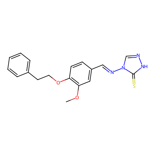 (E)-4-((3-methoxy-4-phenethoxybenzylidene)amino)-4H-1,2,4-triazole-3-thiol structure