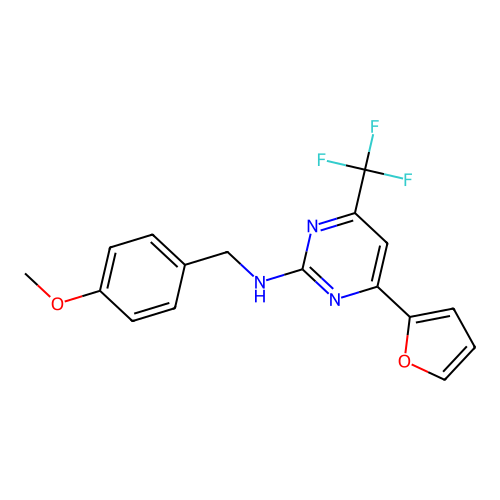 4-(furan-2-yl)-N-(4-methoxybenzyl)-6-(trifluoromethyl)pyrimidin-2-amine structure