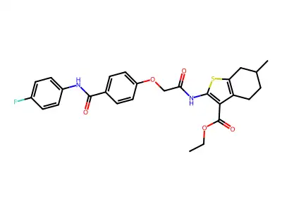 ethyl 2-[[2-[4-[(4-fluorophenyl)carbamoyl]phenoxy]acetyl]amino]-6-methyl-4,5,6,7-tetrahydro-1-benzothiophene-3-carboxylate structure