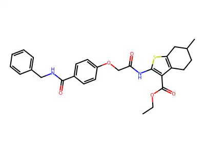 Ethyl 2-{2-[4-(benzylcarbamoyl)phenoxy]acetamido}-6-methyl-4,5,6,7-tetrahydro-1-benzothiophene-3-carboxylate structure