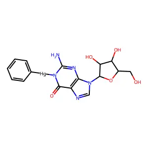 [2-amino-9-[3,4-dihydroxy-5-(hydroxymethyl)oxolan-2-yl]-6-oxopurin-1-yl]-phenylmercury structure