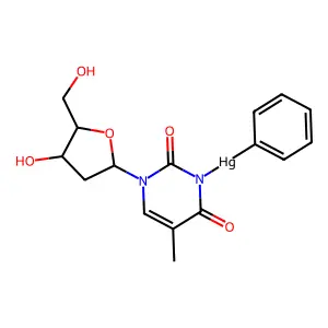 [3-[4-hydroxy-5-(hydroxymethyl)oxolan-2-yl]-5-methyl-2,6-dioxopyrimidin-1-yl]-phenylmercury structure