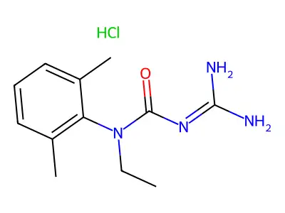 Urea, N'-(aminoiminomethyl)-N-(2,6-dimethylphenyl)-N-ethyl-, monohydrochloride structure