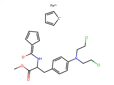 (((2-(4-(Bis(2-chloroethyl)amino)phenyl)-1-(methoxycarbonyl)ethyl)amino)carbonyl)ferrocene structure