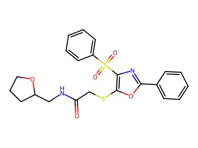 2-[[4-(benzenesulfonyl)-2-phenyl-1,3-oxazol-5-yl]sulfanyl]-N-(oxolan-2-ylmethyl)acetamide structure