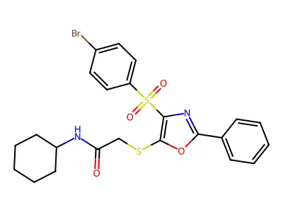 2-((4-((4-bromophenyl)sulfonyl)-2-phenyloxazol-5-yl)thio)-N-cyclohexylacetamide structure