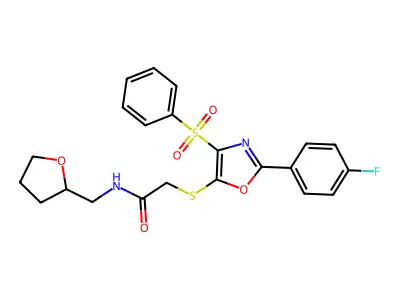2-{[2-(4-fluorophenyl)-4-(phenylsulfonyl)-1,3-oxazol-5-yl]thio}-N-(tetrahydrofuran-2-ylmethyl)acetamide structure
