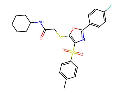 N-cyclohexyl-2-[[2-(4-fluorophenyl)-4-(4-methylphenyl)sulfonyl-1,3-oxazol-5-yl]sulfanyl]acetamide structure