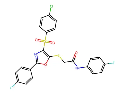 2-[[4-(4-chlorophenyl)sulfonyl-2-(4-fluorophenyl)-1,3-oxazol-5-yl]sulfanyl]-N-(4-fluorophenyl)acetamide structure