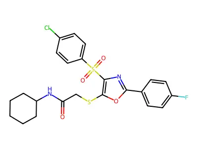 2-[[4-(4-chlorophenyl)sulfonyl-2-(4-fluorophenyl)-1,3-oxazol-5-yl]sulfanyl]-N-cyclohexylacetamide structure