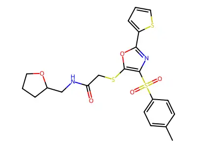 2-({4-[(4-methylphenyl)sulfonyl]-2-(thiophen-2-yl)-1,3-oxazol-5-yl}sulfanyl)-N-(tetrahydrofuran-2-ylmethyl)acetamide structure