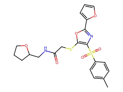 2-[[2-(furan-2-yl)-4-(4-methylphenyl)sulfonyl-1,3-oxazol-5-yl]sulfanyl]-N-(oxolan-2-ylmethyl)acetamide structure