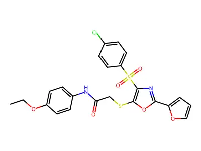 2-[[4-(4-chlorophenyl)sulfonyl-2-(furan-2-yl)-1,3-oxazol-5-yl]sulfanyl]-N-(4-ethoxyphenyl)acetamide structure